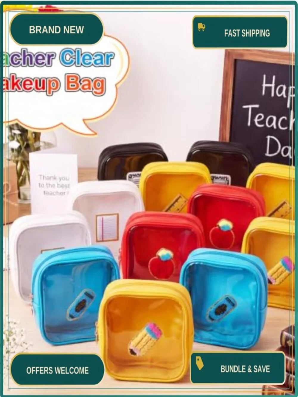 Clear PVC Makeup Bag Set with Teacher Patches, Mini See-Through Cosmetic Pouch,